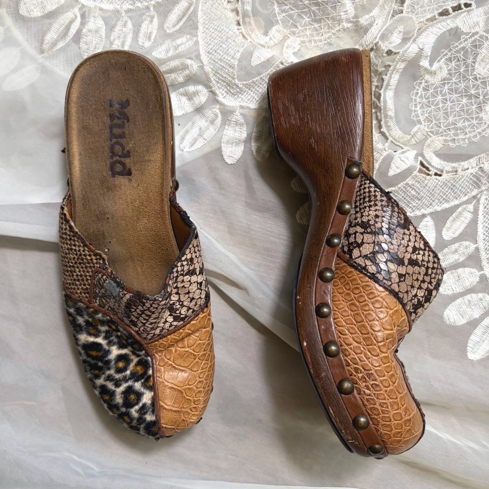 Mudd Vintage Y2K Patchwork Animal Print Studded Platform Clogs Mules Brown 9M